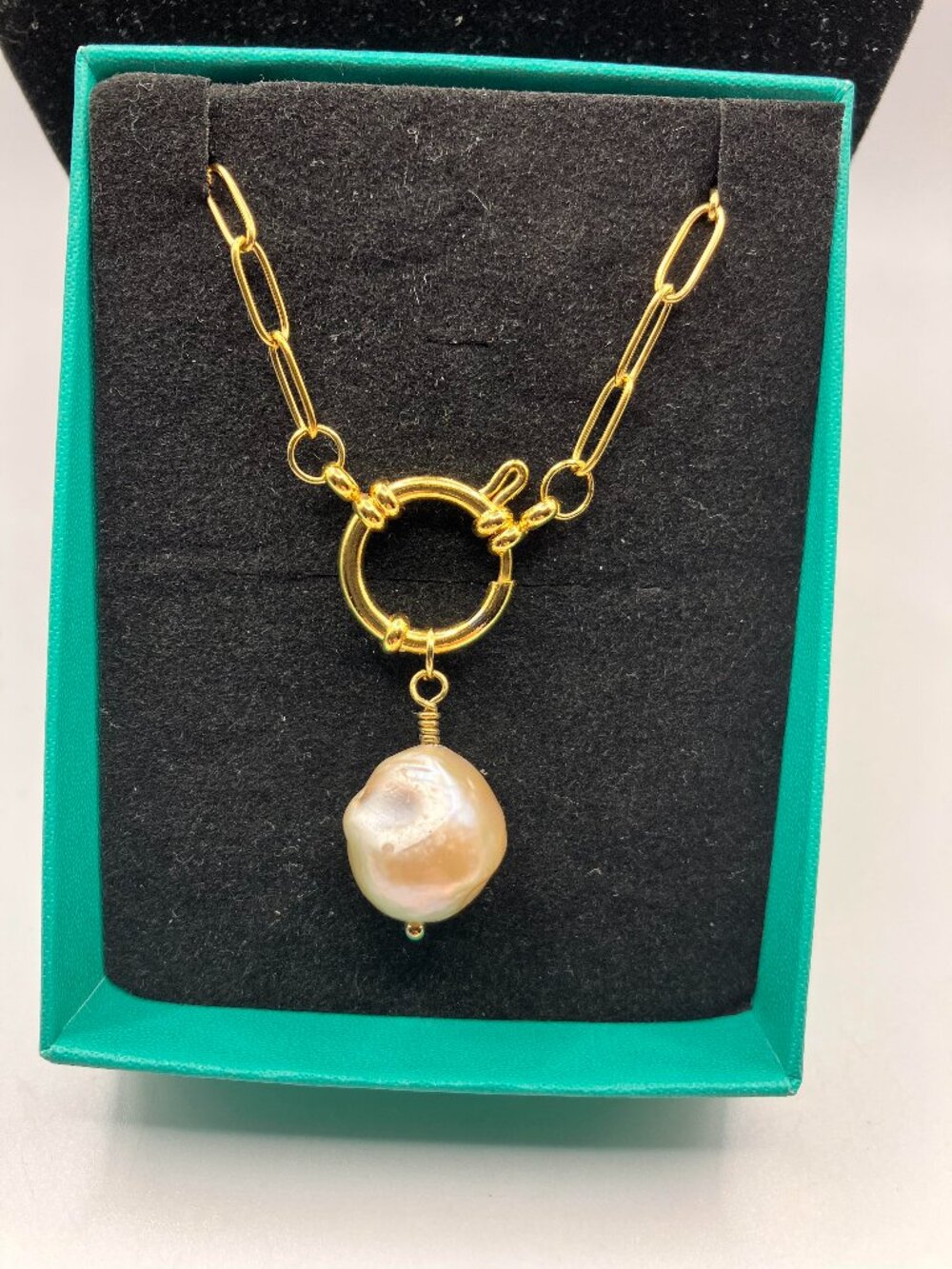 Baroque Genuine Pearl 20-in Paperclip Real 18k plated Stainless Steel Chain Box